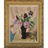 Charles KVAPIL ( 1884-1957) - Bouquet de fleurs, vase noir - Importants manques dans [...]