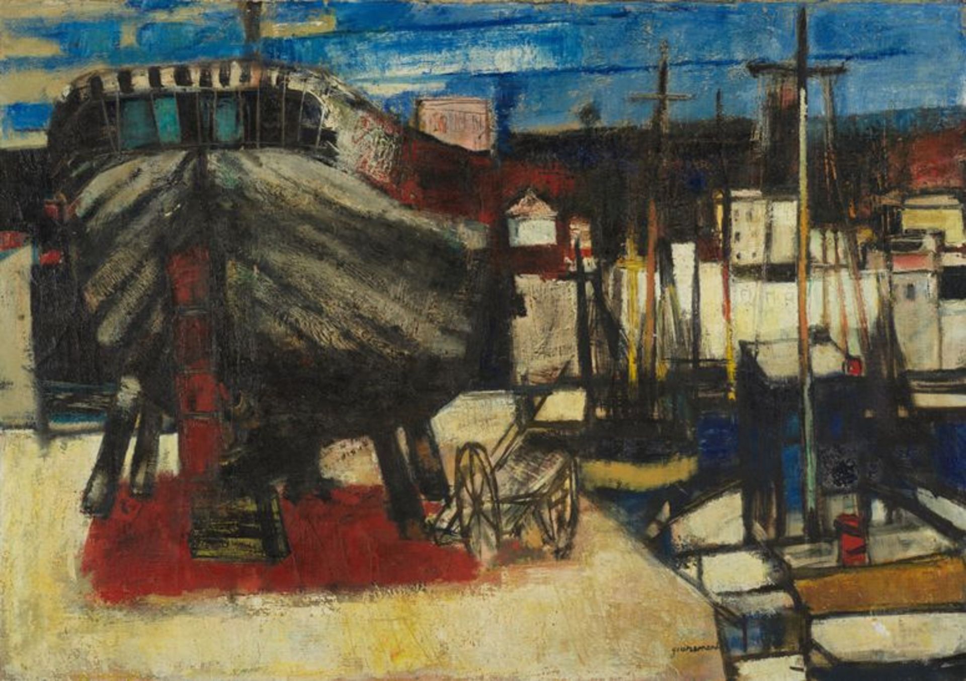 Paul GUIRAMAND (1926-2007) - Bateaux à quai - Huile sur toile sginée en bas à [...]
