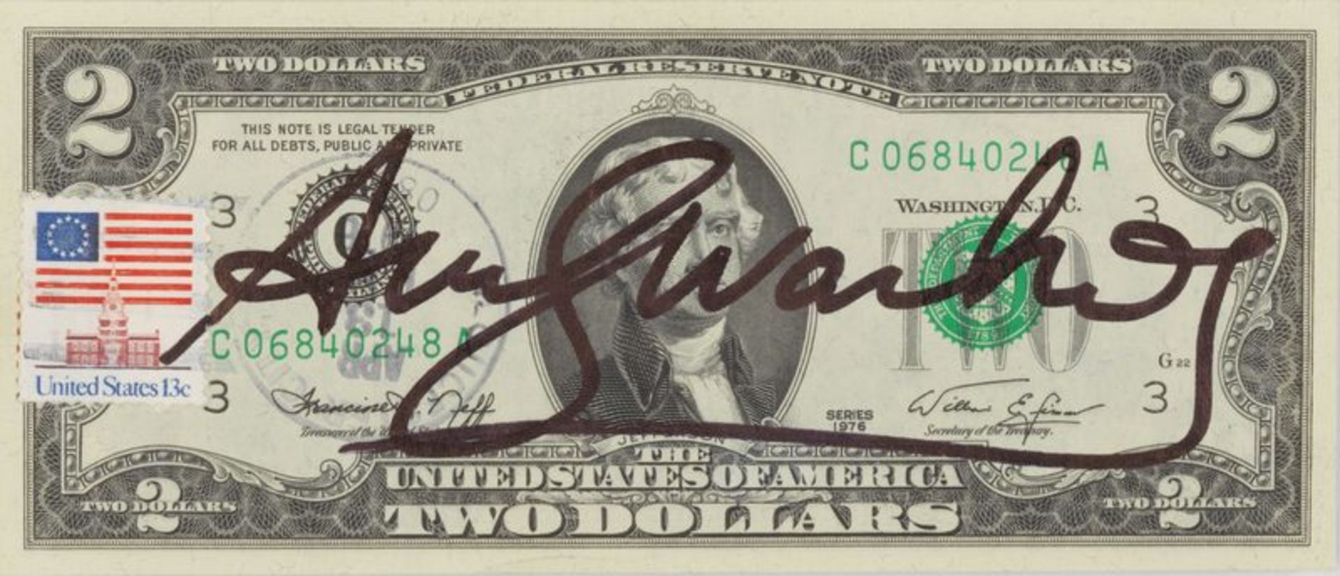 Andy WARHOL (1928-1987) - 2 dollars bill - Encre sur billet de banque signé 7 x 15,5 [...]