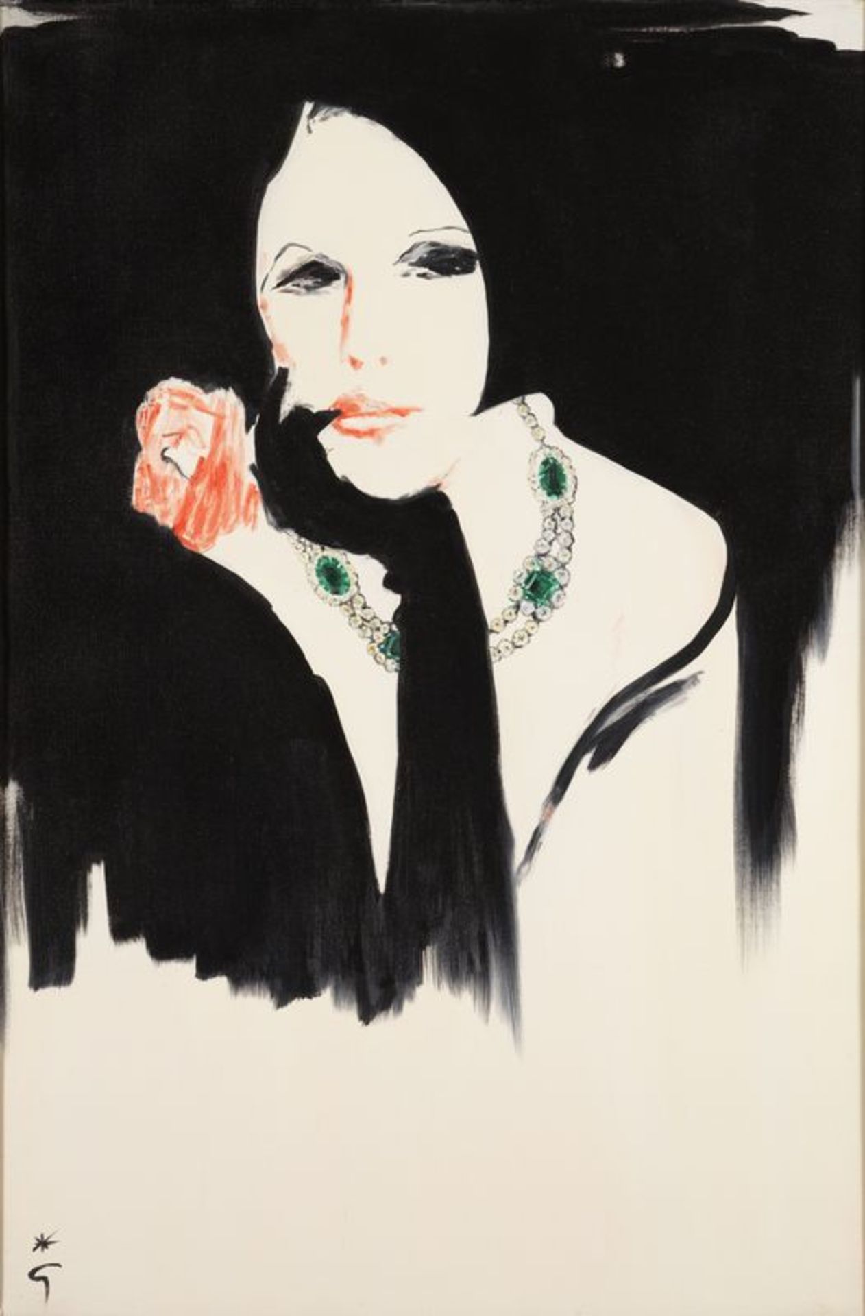 René GRUAU (1909-2004) - Elégante à la rose - Huile sur toile signée au [...]