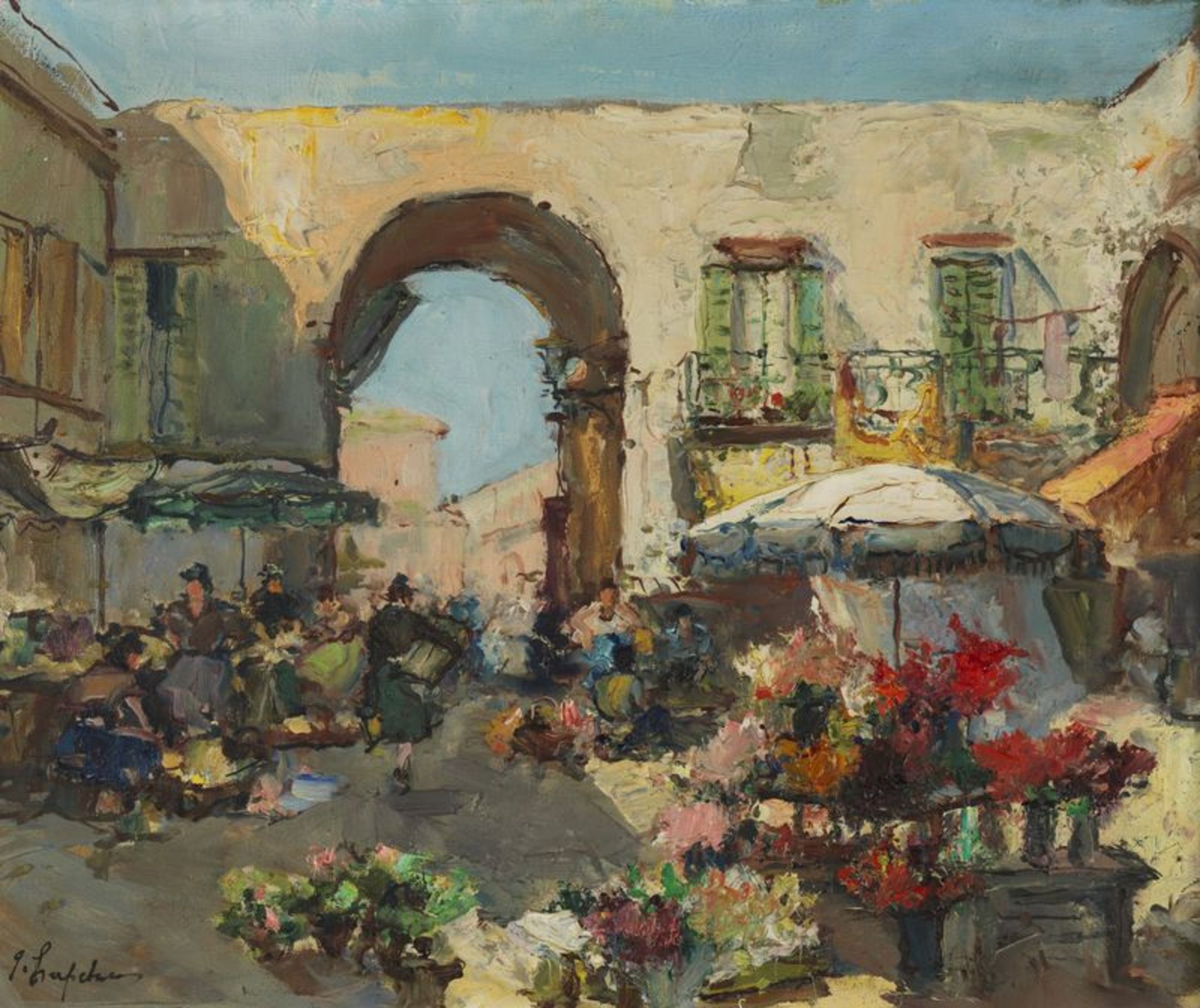 Georges LAPCHINE (1885-1950) - Marché aux fleurs de Nice - Huile sur toile signée [...]