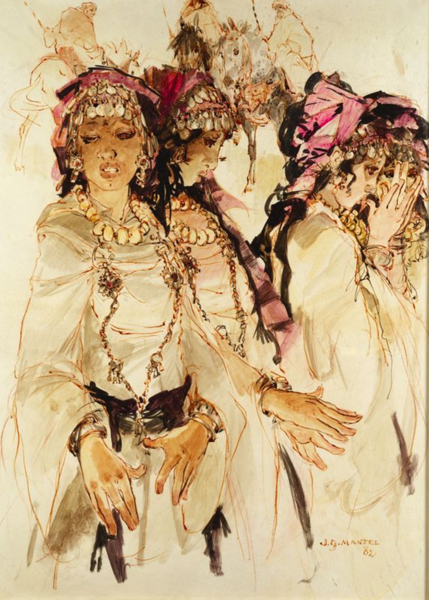 Jean Gaston MANTEL (1914-1995) - Danseuses et cavaliers - Pigments sur peau - 73 x 53 [...]