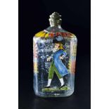 Schnapsflasche mit KavalierWohl Mittel- oder Süddeutschland, 1800 Emailfarbendekor. Aufschrift: "