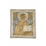 Große, emaillierte Bronzeikone mit dem Heiligen Nikolaus von MyraRussland, 19. Jh. Bronze,