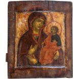 Dreihändige Gottesmutter "Tricheirousa"Russland, um 1700 Laubholztafel mit zwei Rückseiten-Sponki (
