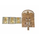 Großes Bronzekreuz und TriptychonRussland, 18./19. Jh. Bronze, reliefiert gegossen, vergoldet,