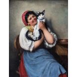 Ludwig Kohrl1858 Graz - 1927 München Mädchen mit Lieblingskatze Feline. Öl auf Leinwand, doubliert