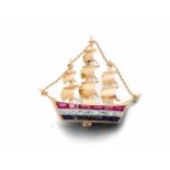 Brosche "Segelschiff" mit Rubinen, Diamanten und Saphiren750-er Gelbgold, ca. 3,9 g. Segelschiff mit