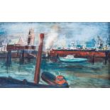 Friedrich Einhoff1936 Magdeburg - 2018 Hamburg "Hamburger Hafen". Tempera auf Hartfaser. Signiert