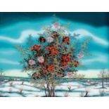 Ana Bocak1931 Slatina/Kroatien Blühender Baum in Winterlandschaft. Hinterglasbild. Signiert und