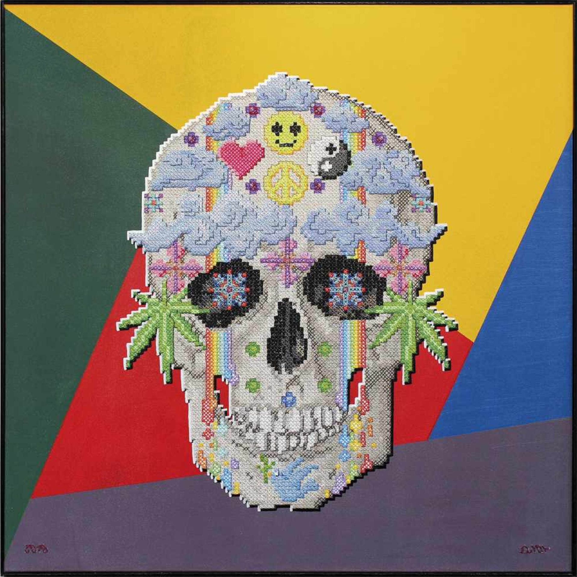 ELIOT: "EMBROIDERY SKULL PEACE"Deutschland Sprühlack und Kunstharz auf Holz, gestickter Totenkopf.