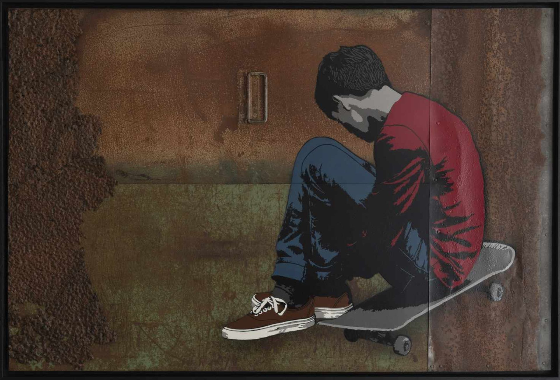 ALIAS: "SAD SKATER"Deutschland, geboren 1980 Stencil, Sprühlack auf Metallcollage. 2018, gerahmt,