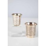 Two silver beaker. Moscow, Kiev, circa 1880/90. Bodys with engraved foliage and leaves.Bottom