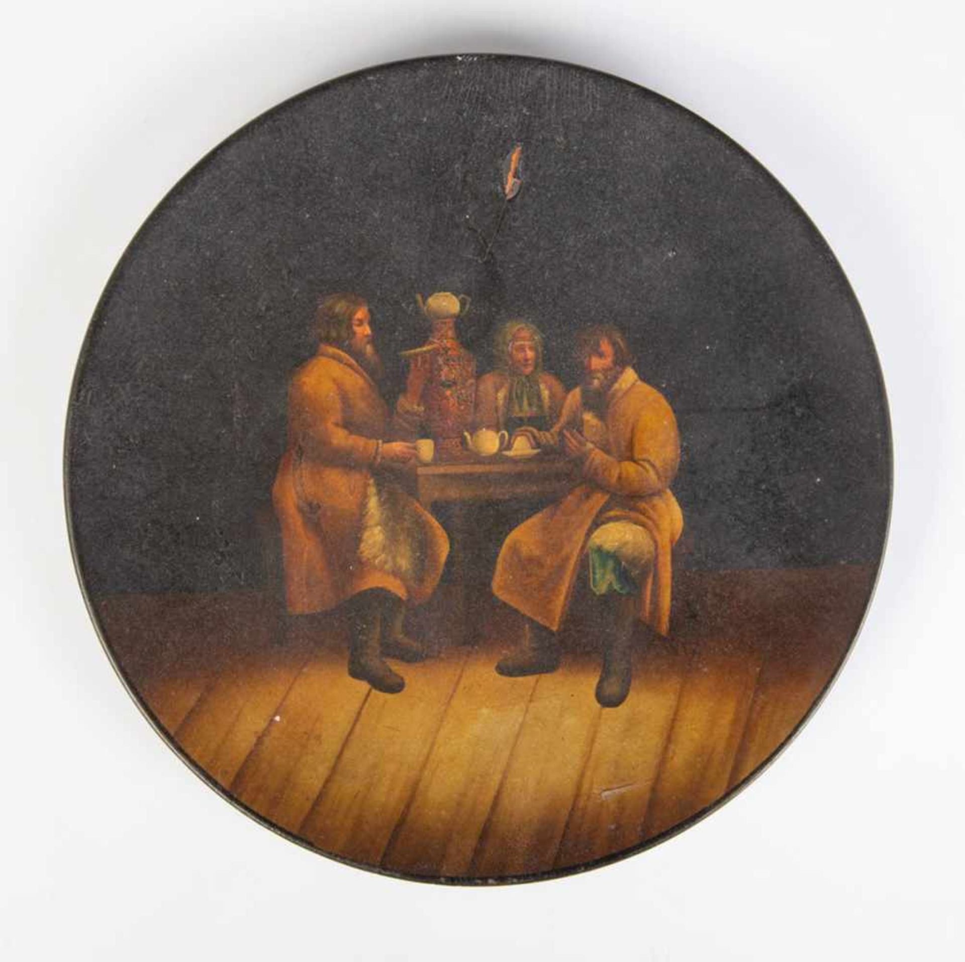 A papier-maché and lacquer plate. Ostashkovo, Osip Vishyakov and Sons factory, 1882-1888.Polychome