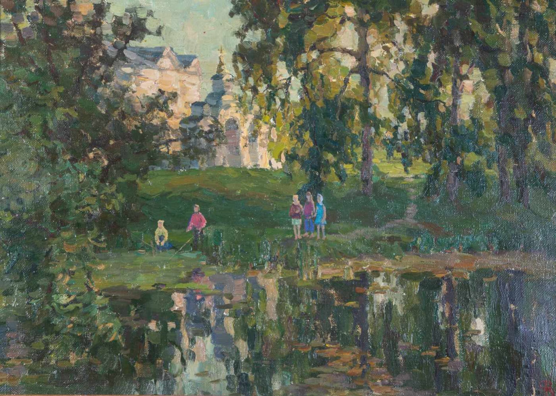 Vladimir Anatolevich Fedulov (1948 Russia). Summer landscape with fishing children. Oil oncanvas.