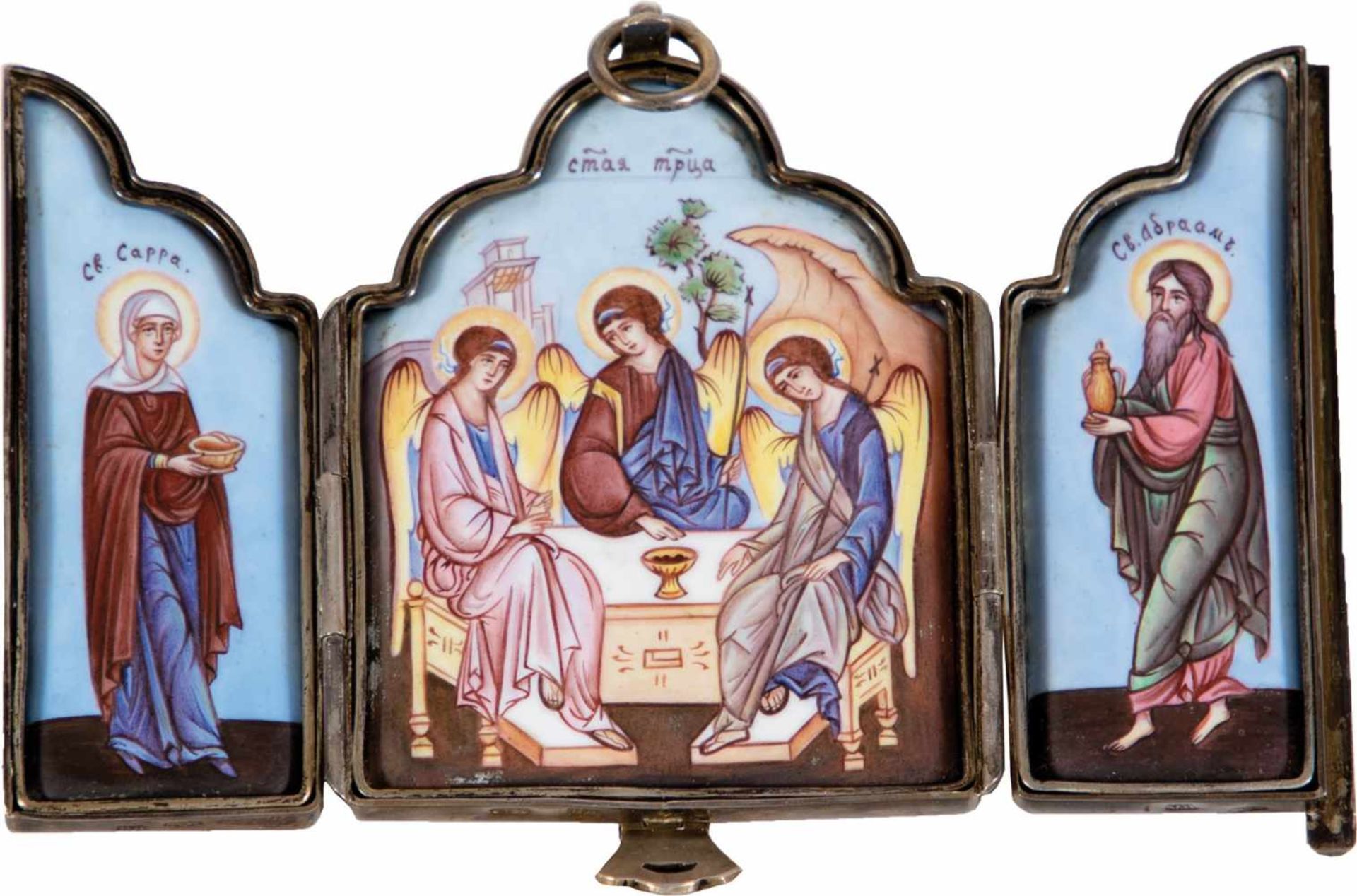 A finift triptych with silver frame. Late 19th century. Stamped Moscow, V. Akimov, 1880.Enamel on