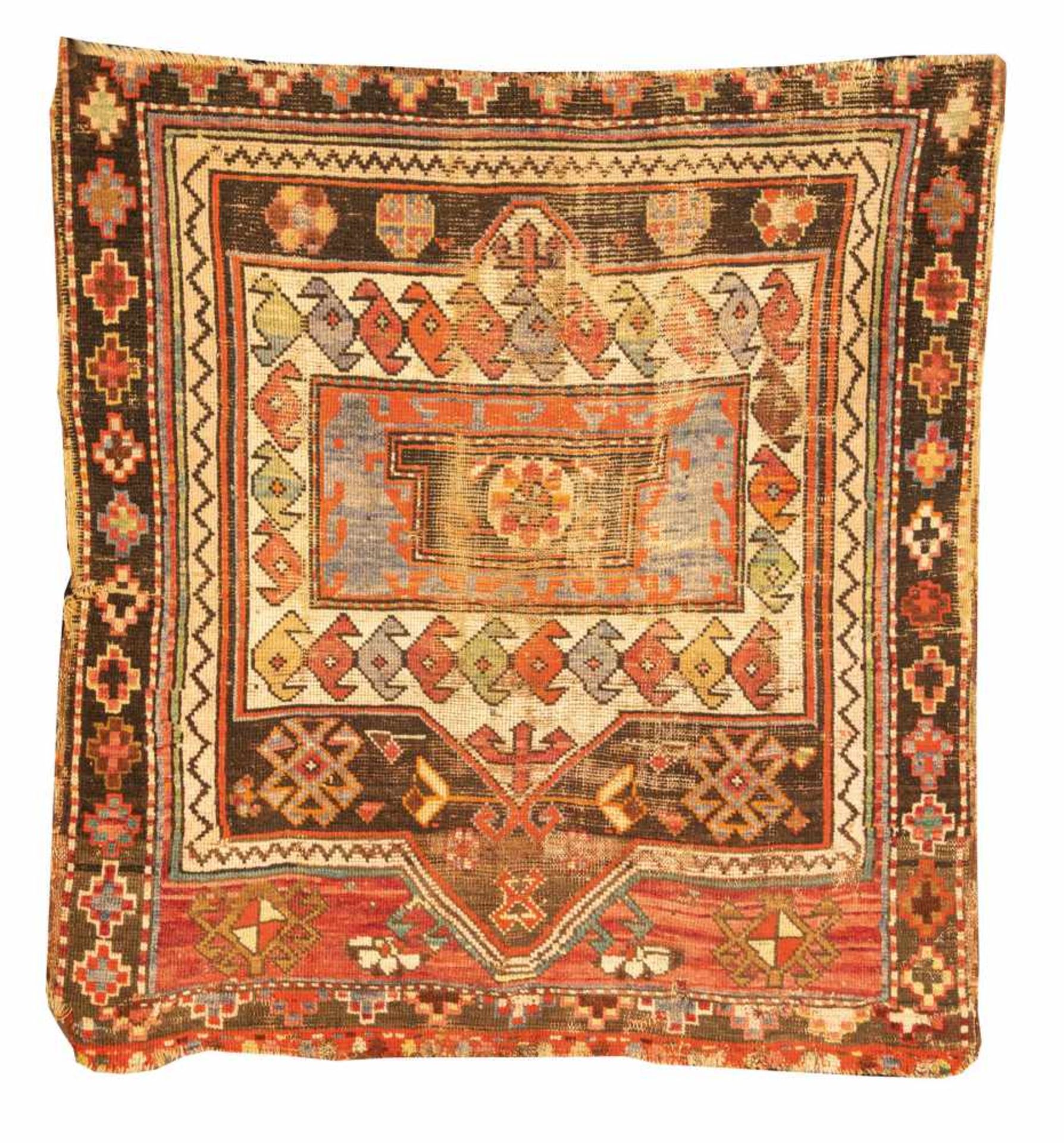 A carpet fragment of a ''KAZAK'' carpet. Caucasus, late 19th century. Thin, damaged. 102 x95 cm.