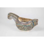 A large silver and cloisonné-enamel kovsh. 20th century. Body and handle decorated withstylized