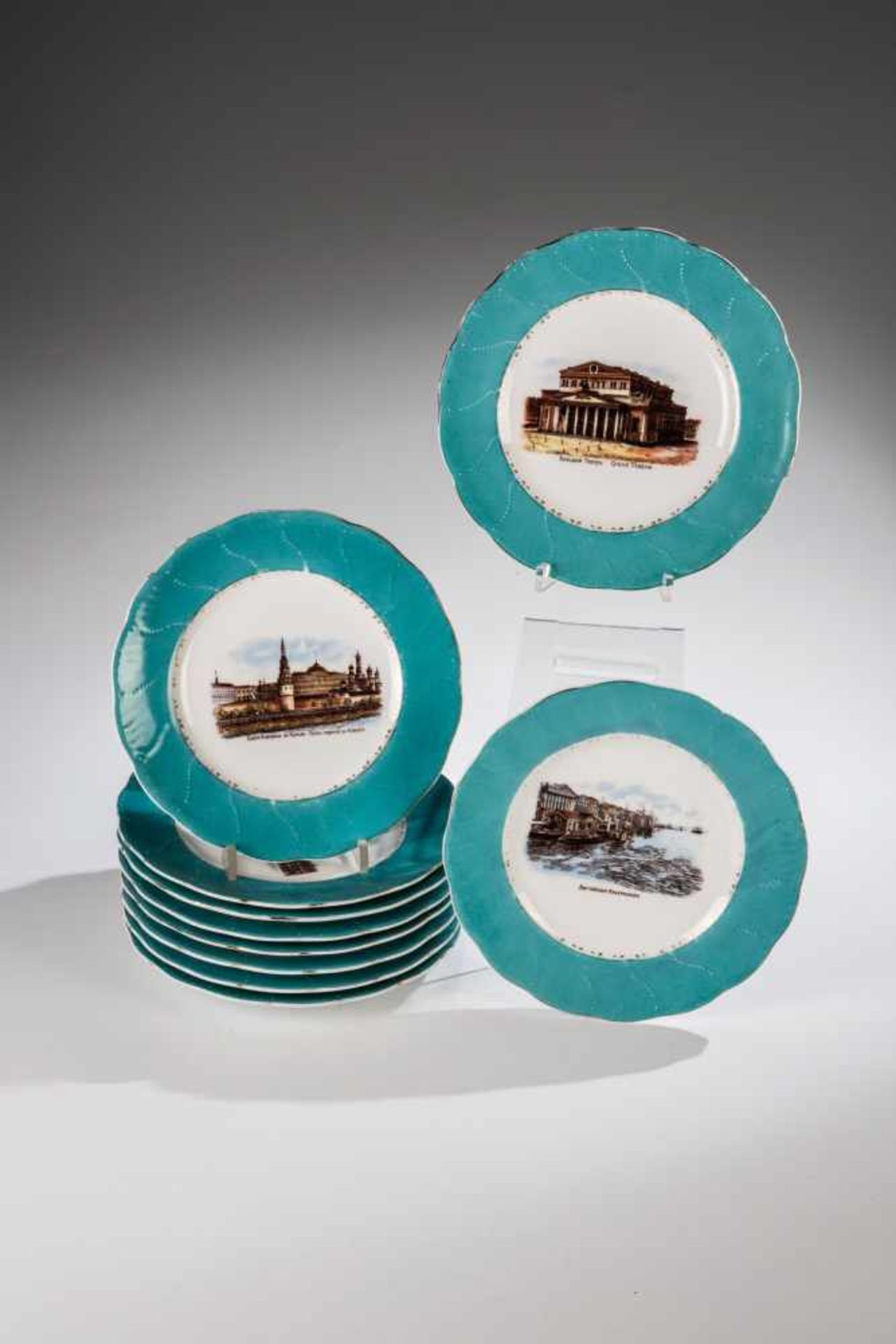 Ten porcelain plates with view of Moscow. Dulevo, porcelain factory M.S. Kuznetsov, mid20th century.