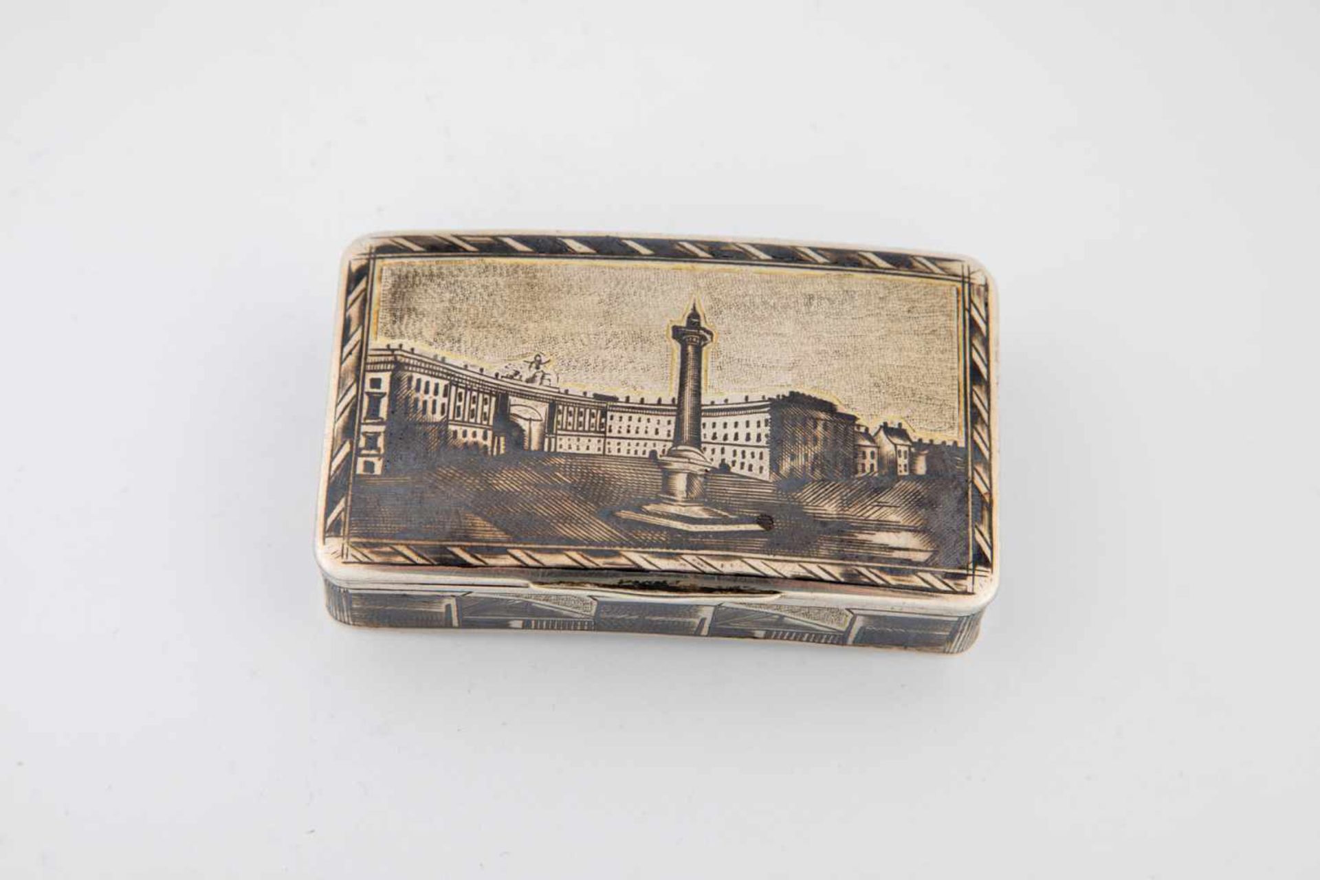 A silver and niello cigarette case with view of St. Petersburg. Russia, St. Petersburg,1838. All