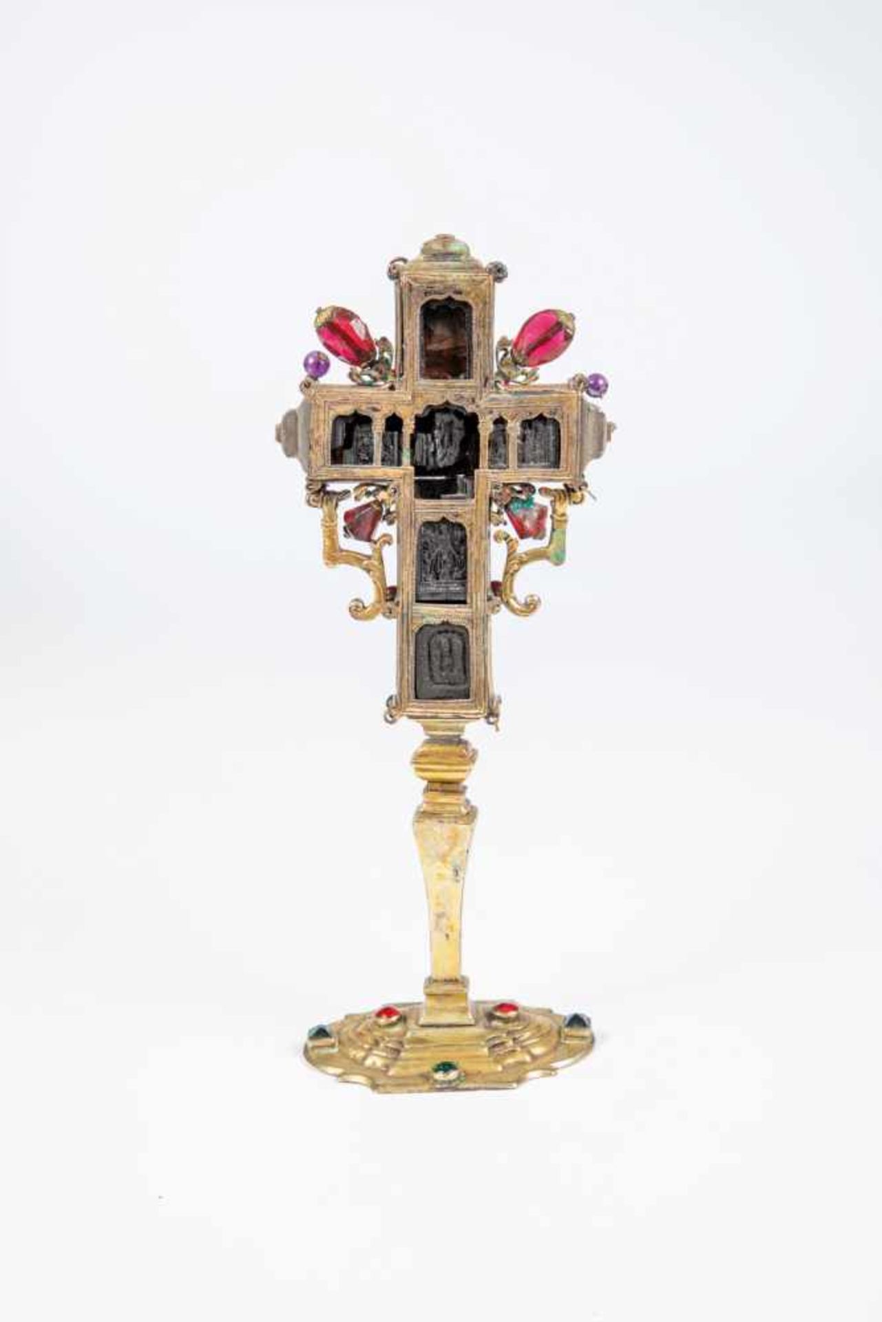 A carved brass mounted crucifix. Probably Greece, Berg Athos, 19th century or later. 12carved wood