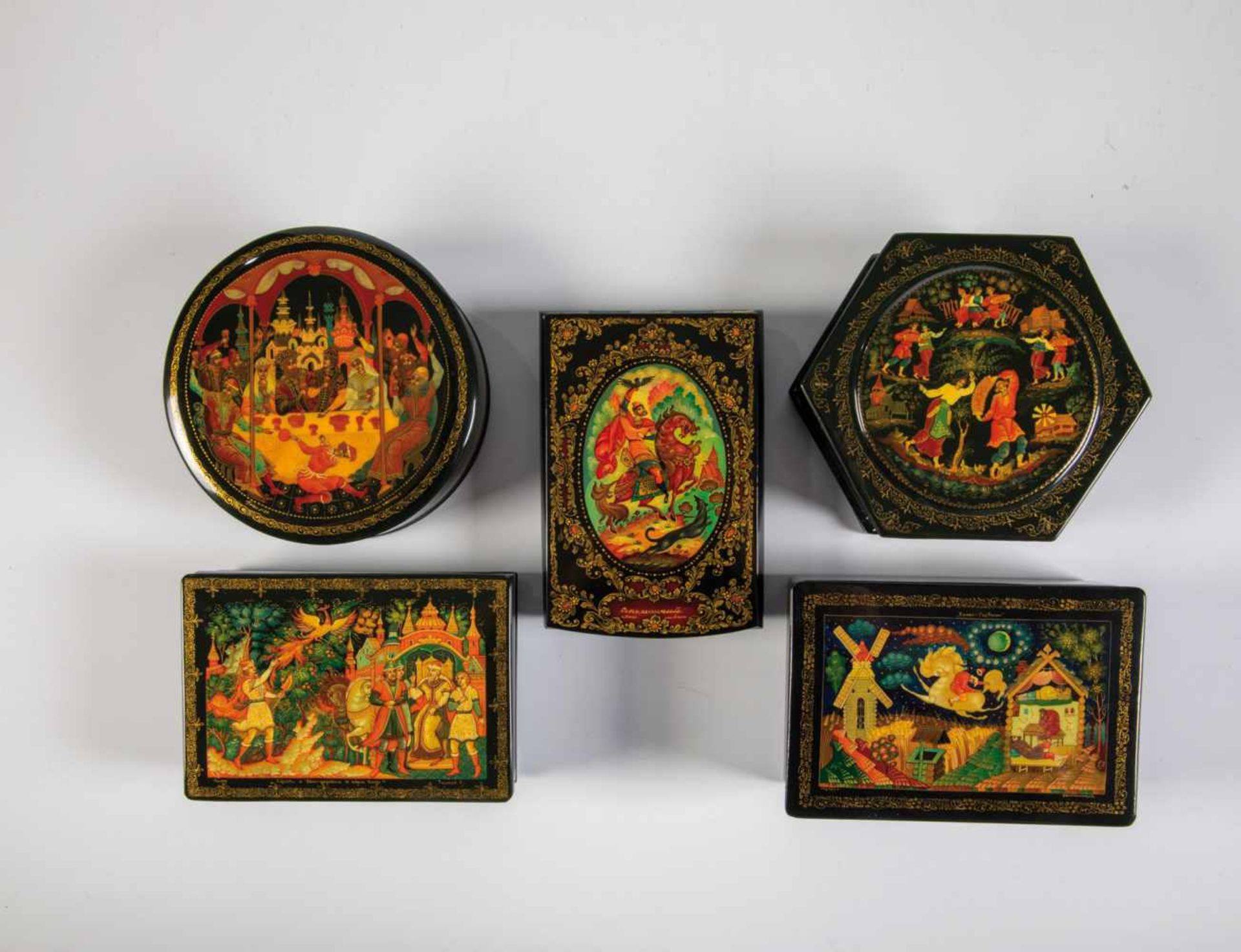 Five papier-maché and lacquer boxes. Soviet Union, Palekh (two), Kholui (two), Mstera(one), late