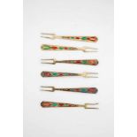 Six small silver-gilt and enamel forks. Soviet Union, Leningrad, 1958 -1991. Stamped with875-