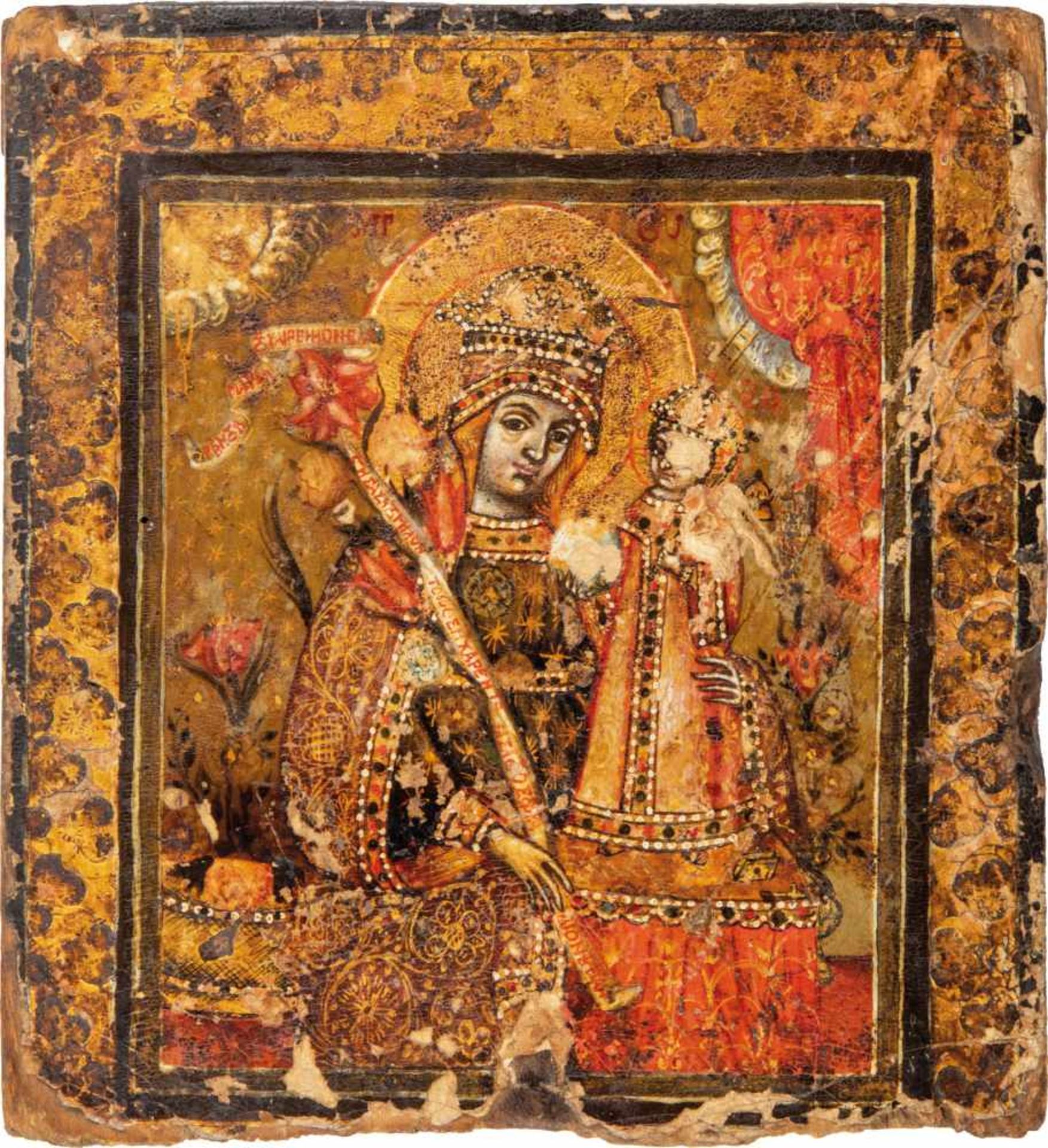 A small icon showing the Mother of God of the unfading rose. Greece, early 19th century.Tempera on