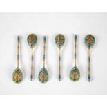 Six silver-gilt and cloisonné-enamel spoons. Stamped Russia, Moscow, circa 1880. Bowlswith