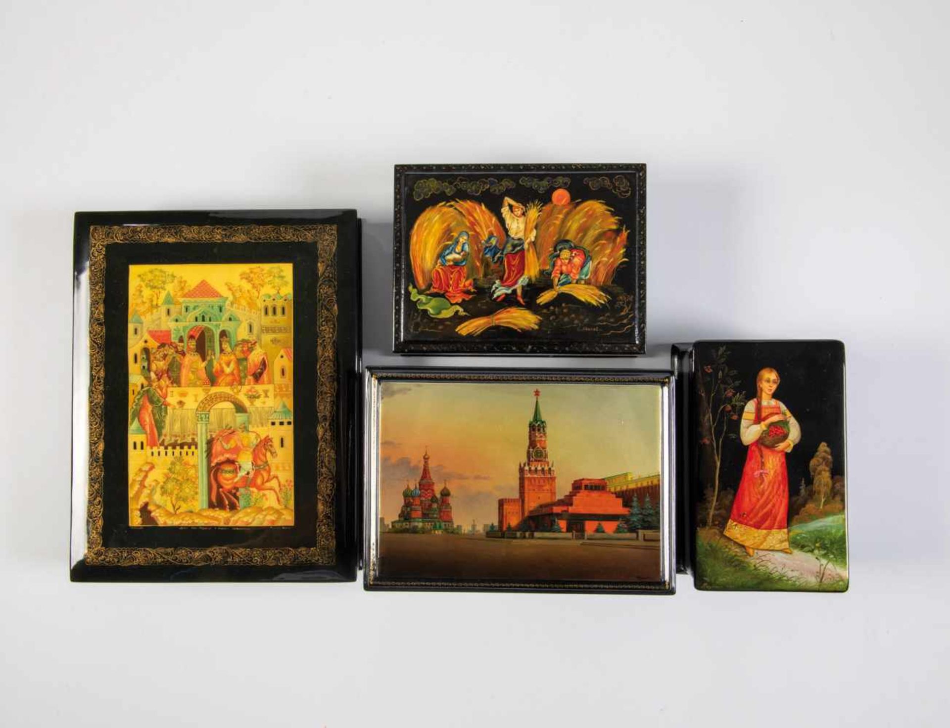 Four large papier-maché and lacquer boxes. Soviet Union, Fedoskino, Mstera, circa 1980/90.Red
