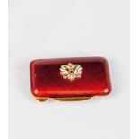 A tiny silver-gilt and guilloché enamel pill box. 2nd half of the 20th century. Both sideswith red