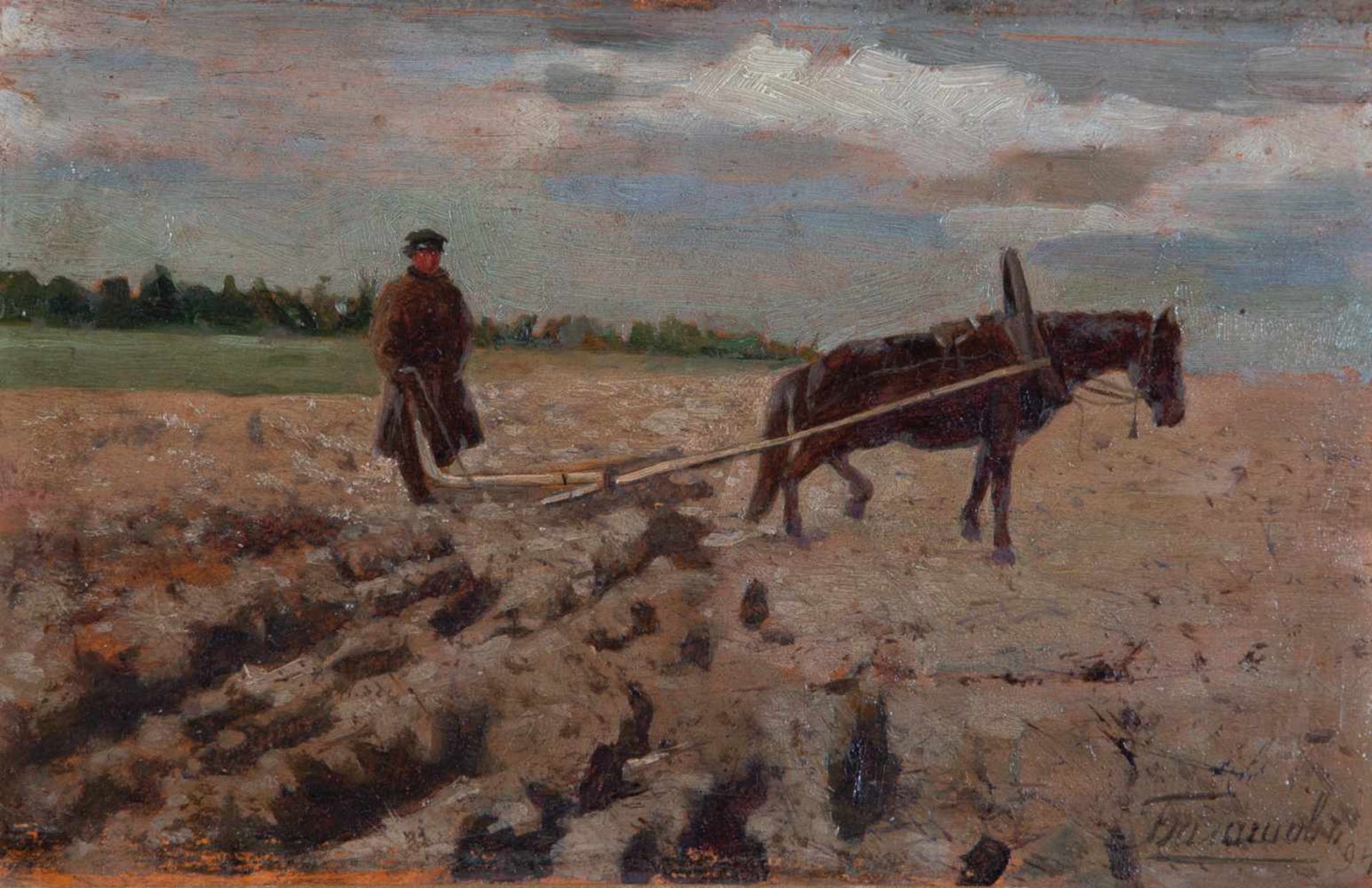 Piotr Ivanovich Balashov (attrib.) (Russia 1835 - 1888). Farmer with horse plowing afield. Oil on