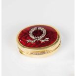 A tiny silver-gilt and guilloche-enamel pill box. 2nd half of the 20th century. Hinged lidwith red