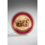 A porcelain plate with horses. Russia, circa 1850. Polychrome overglaze painting. Roundgilded stand.