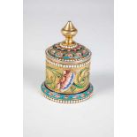 A silver-gilt and cloisonné enamel tea caddy. Moscow, Vasily Semenov Agafonov, 1896-1908.Body with