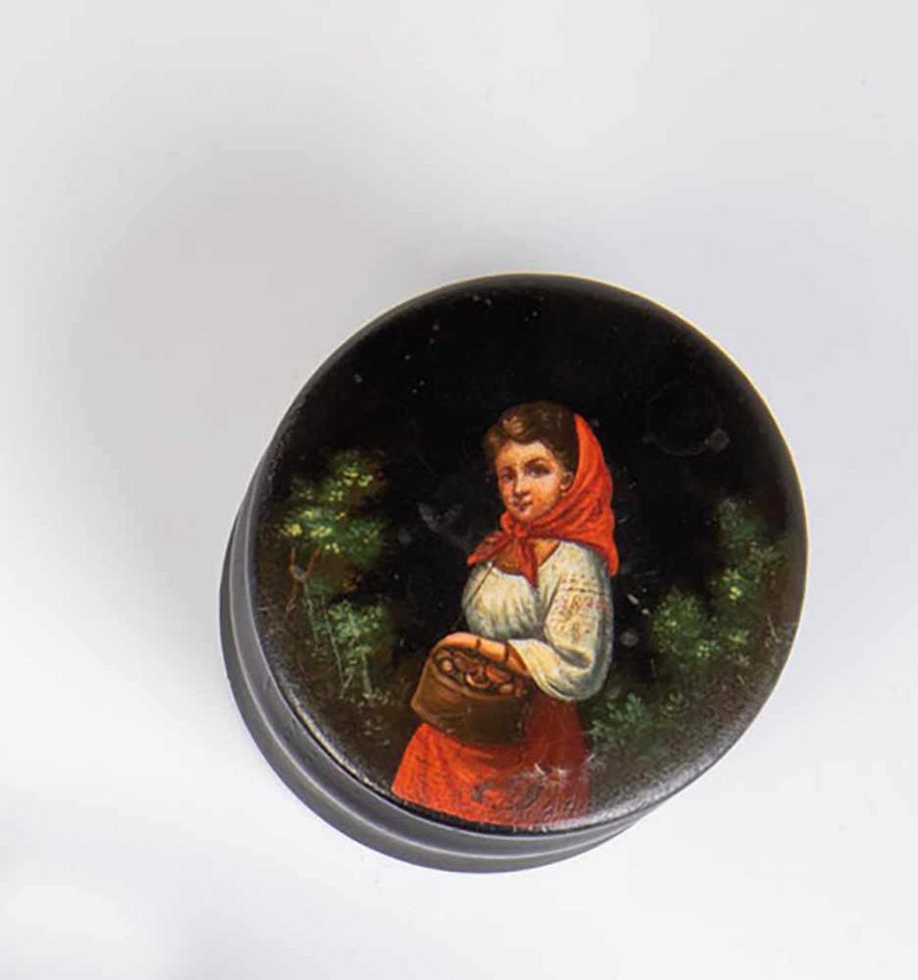 A papier-maché and lacquer box with peasant woman. Danilovo, Alexander Lukutin factory,1843 -