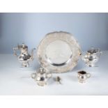 A six pieces silver coffee and tea set. 20th century. Including tea pot, coffee pot,sugar, bowl,