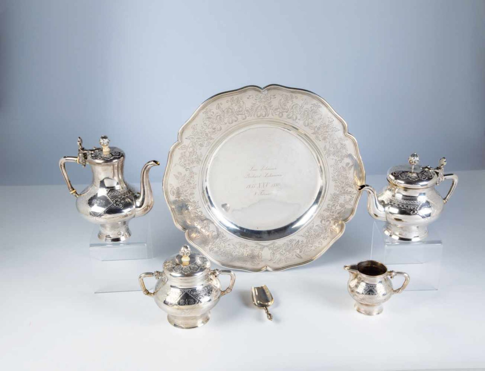 A six pieces silver coffee and tea set. 20th century. Including tea pot, coffee pot,sugar, bowl,