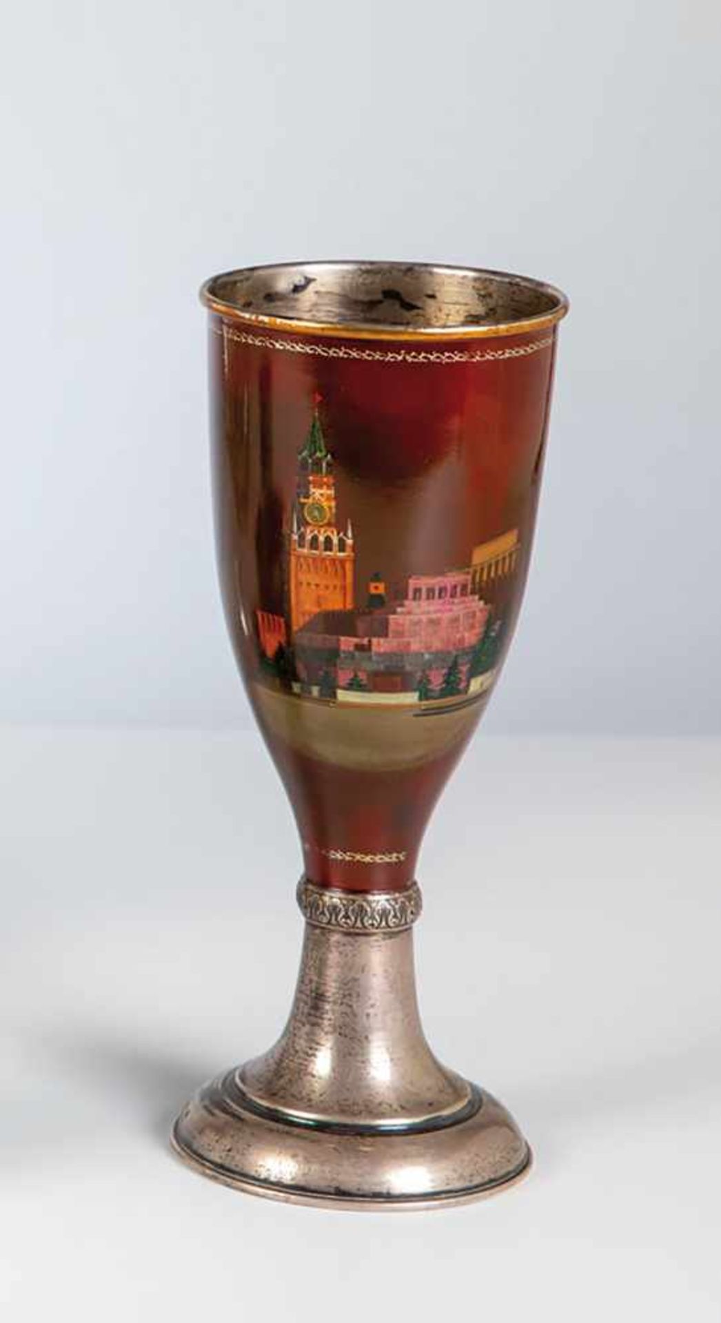 A silver goblet with kremlin. Russia, Fedoskino, 19th century. Remains of gilding inside.Bowl with