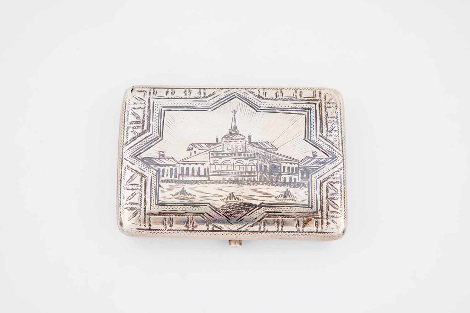 A silver and niello cigarette case with architectual view. Russia, Moscow, Nikolai Ivanov,1896. Both