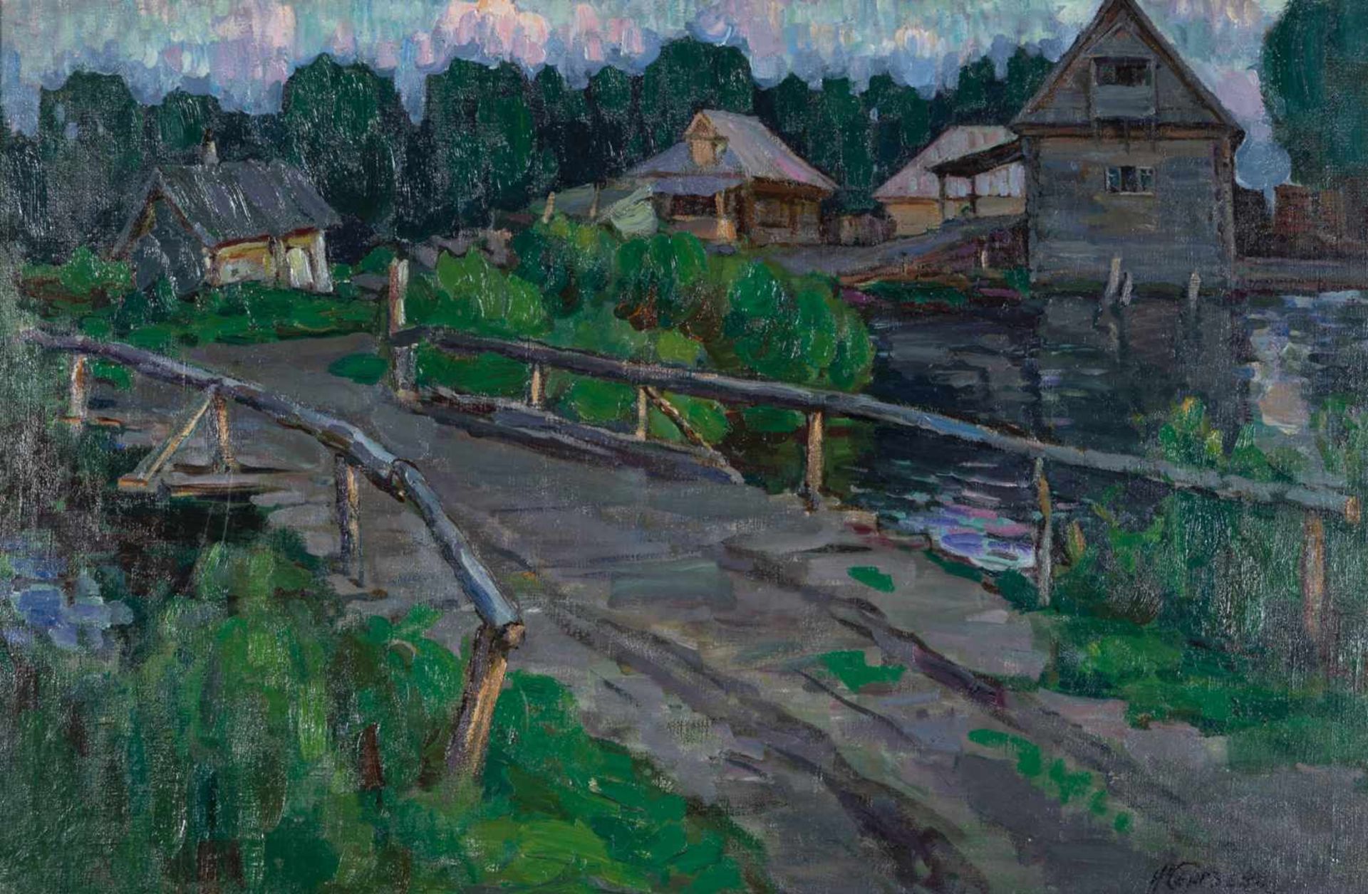 Nikolai Aleksandrovic Sergeyev (1855 Kharkov - 1919 Moscow). Farm by the water. Oil oncanvas. Signed