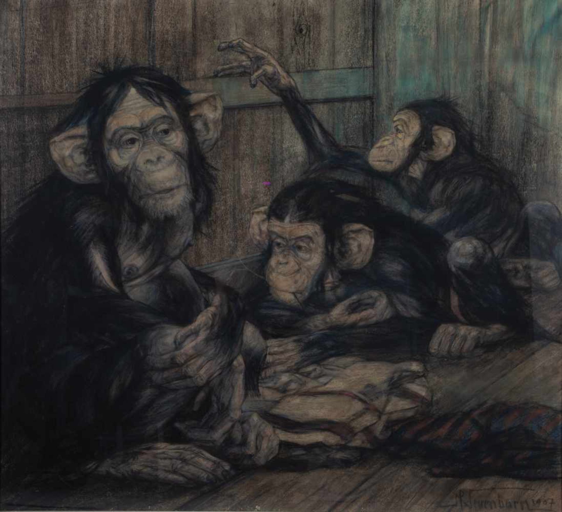 Paul Neuenborn1866 Stolberg - 1913 München Darstellung dreier jungen Schimpansen. Kreide auf Papier.