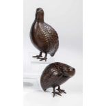 Two quails. Japan, 20th century. Two standing quails with elaborate plumage. Bronze