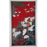 paint panel. China, after 1900. Detailed cranes on a red background. Lacquer painting.47.5 x 24
