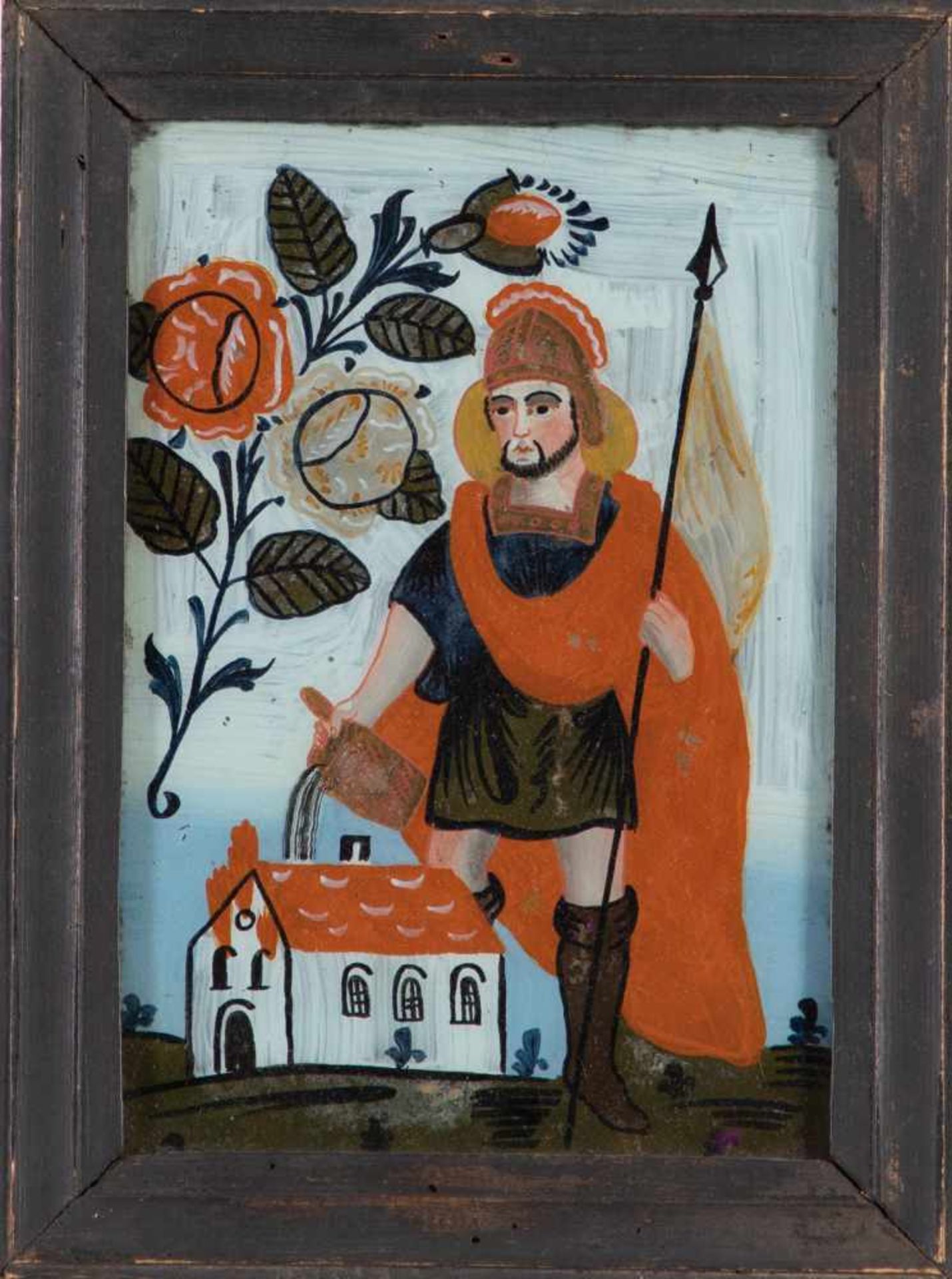 Hinterglasbild mit dem Hl. FlorianSandl, 19. Jh. In bunten, leuchtenden Farben gemalter Heiliger
