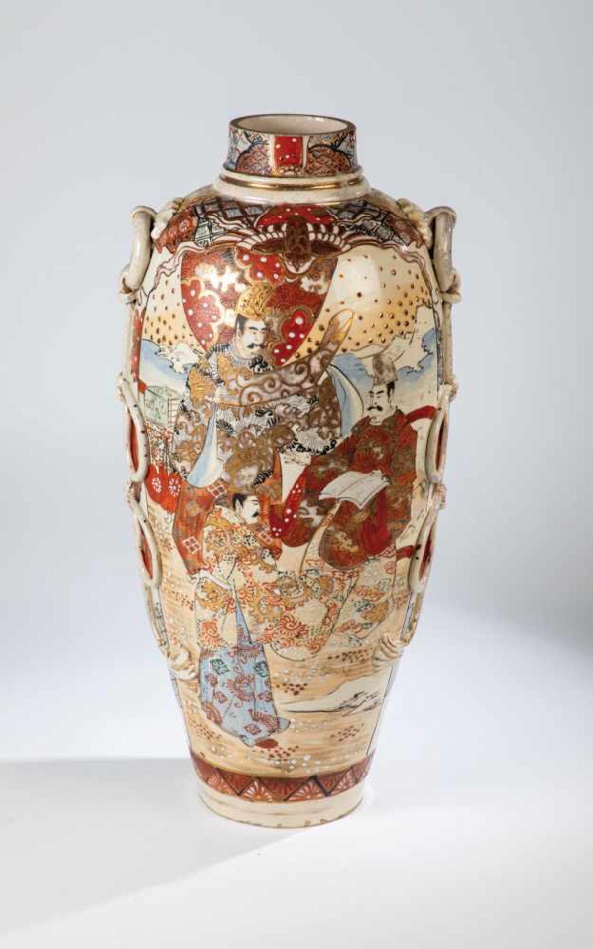 Satsuma vase. Japan, Meiji period, 19th century. Large vase with polychrome depiction oftwo