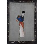 wall mirror. China, around 1900. Center: reverse glass painting of a young woman withvase.