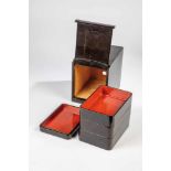 Bento box. Japan, 20th century. 3-piece, stackable box set with lid and transport box withsliding