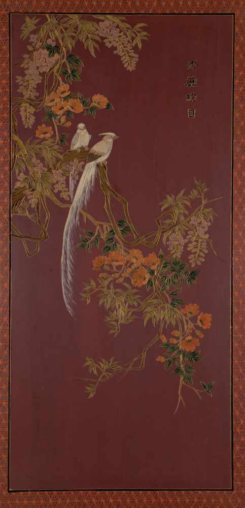 paint panel. China, around 1900. Representation of two birds, sitting on floweringbranches. Paint