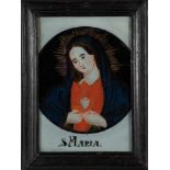 Hinterglasbild "S:Maria"Sandl, 19. Jh. Runde Kartusche auf weißem Fond mit polychromer Bemalung,